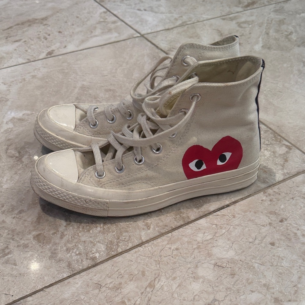 Comme des Garcons PLAY Off-White High-Top Sneakers with Red Heart
